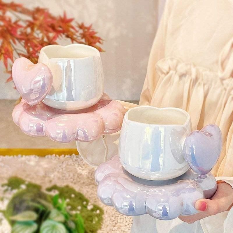 380ml Ceramic Love Love Coffee Cup Exquisite Color Mug for Couples Home Latte Latte Coffee Cup Saucer with Spoon Breakfast Mug