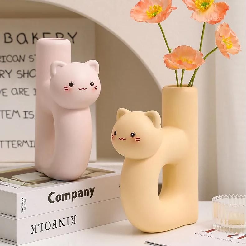 Letter Shape Lovely Kitten Vase Resin Crafts Flower Pots Desk Decoration Flower Arrangement Cartoon Cat Vases Modern Home Decor