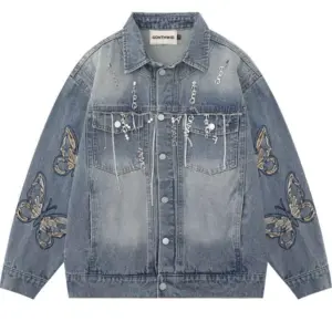 Women's Embroidered Butterfly Denim Jacket with Chain - Casual Streetwear