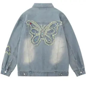Retro Butterfly Embroidered Denim Jacket - Unisex Vintage Hip Hop Streetwear