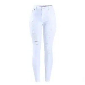 Mid-Waist Distressed Skinny Jeans - Stretch Denim Ripped Pants for Women