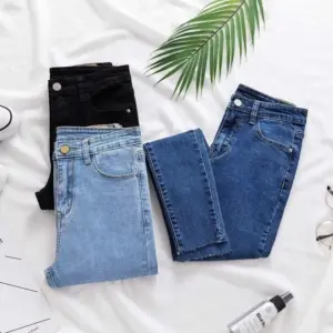 Mid-Waist Stretch Skinny Pencil Jeans for Women in Black and Blue