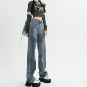 High-Waist Plaid Jacquard Wide-Leg Jeans - Women's Trendy Autumn Denim