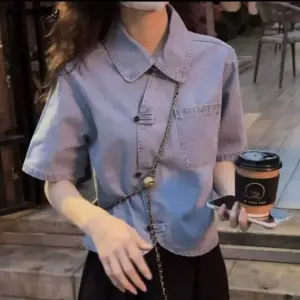 Summer Chic Denim Crop Shirt - Women's Asymmetrical Thin Denim Top