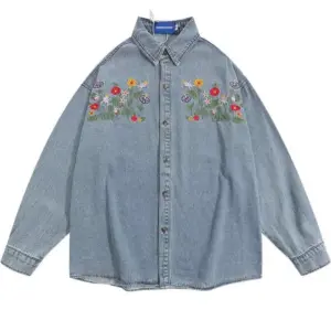 Floral Embroidered Harajuku Denim Jacket - Vintage Y2K Loose Fit Jean Coat