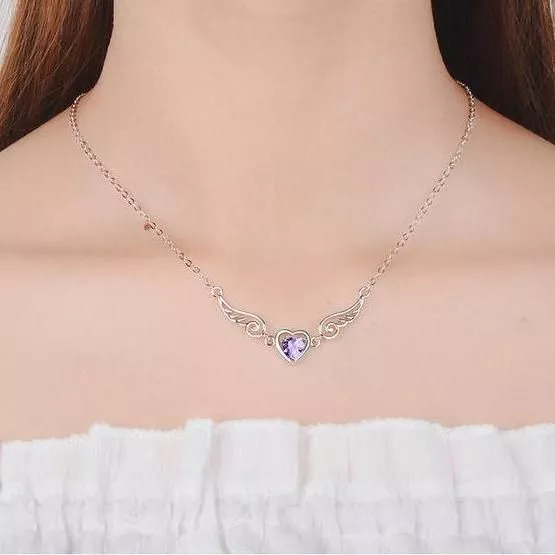 925 Sterling Silver Women Chain On The Neck Collarbone Necklace For Women Angel Wing Purple Zircon Pendant Chain Girl Jewelry