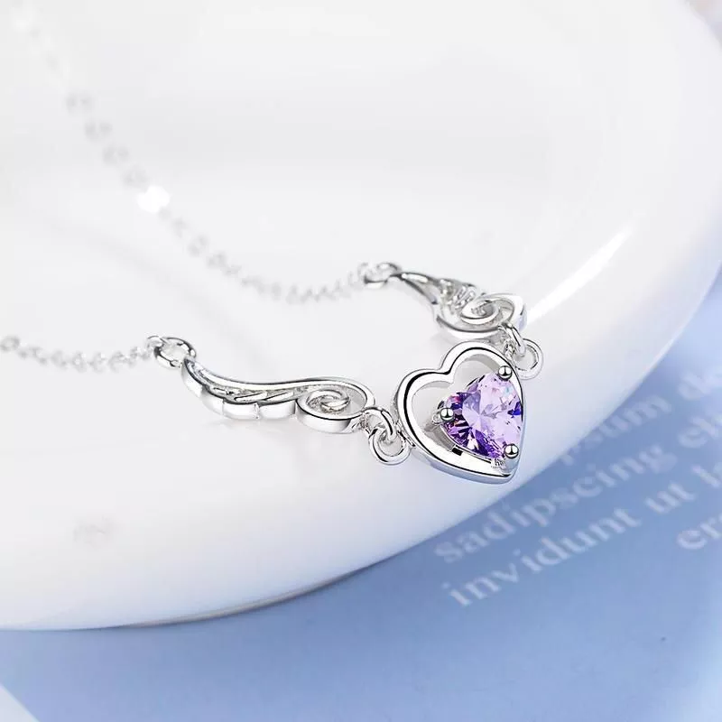 925 Sterling Silver Women Chain On The Neck Collarbone Necklace For Women Angel Wing Purple Zircon Pendant Chain Girl Jewelry