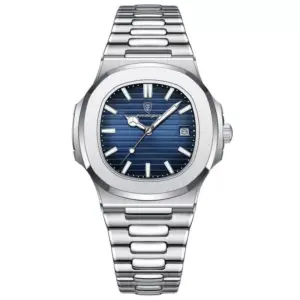 Elite Square Dial Stainless Steel Men's Watch with Luminous Hands & Calendar
