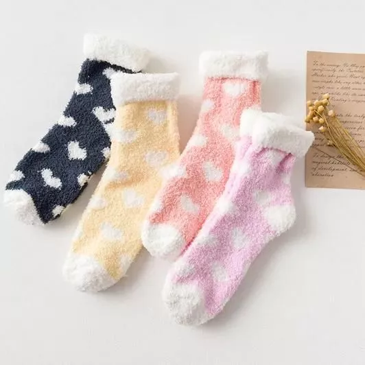Warm Fuzzy Women Socks Candy Color Cute Heart Pattern Winter Kawaii Thick Fluffy Terry Cute Cotton Socks Christmas Korean Gift