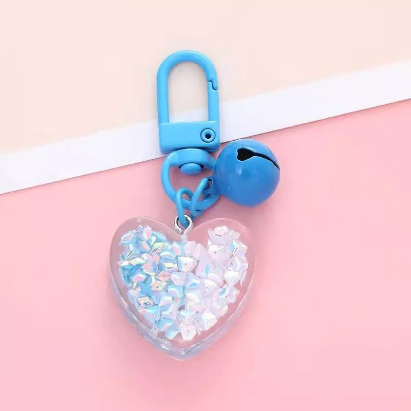 Cute Resin 3D Heart Shaped Keychain Glitter Double Color Stone Filled Love Keyrings With Bell For Women Girls Airpods Case Decor