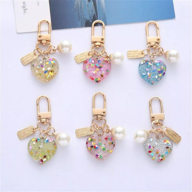 Bling Acrylic Heart Keychain With Colorful Sequin Sweet Pearl Metal Tag Keyring For Women Girls Earphone Purse Decoration