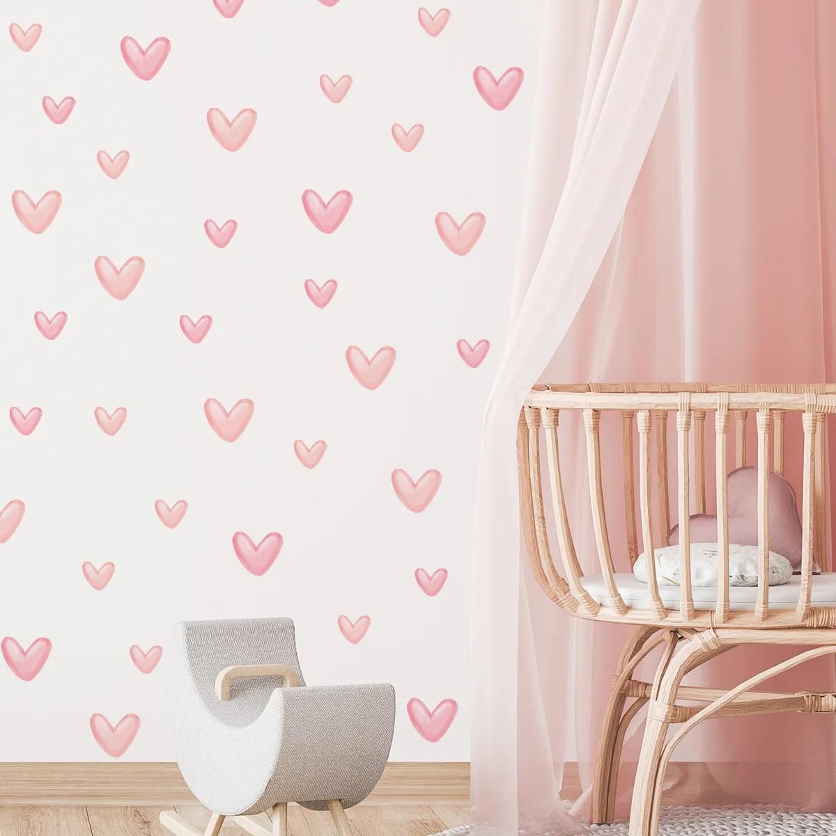 60pcs=6 Sheets Pink Heart Wall Stickers Big Small Hearts Art Wall Decals for Children Baby Girls Room Nursery Wallpapers Decor