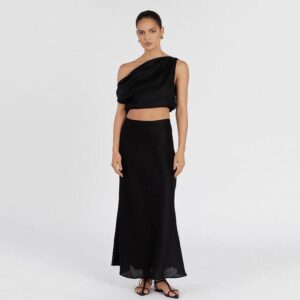 Elegant Beige Sleeveless Tank Top & High-Waist Long Skirt Set