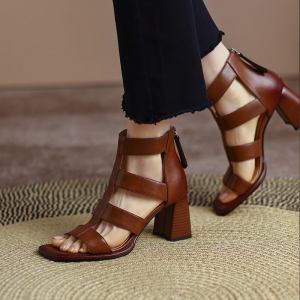 Luxurious Leather Gladiator Sandals with Square Heel and Buckle Strap