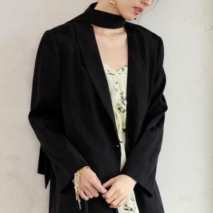 Elegant Black Blazer Coat with Neckline Ribbon Design for Office Ladies