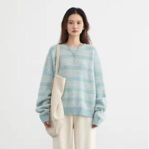 Women's Loose Long Sleeve Round Neck Striped Sweater